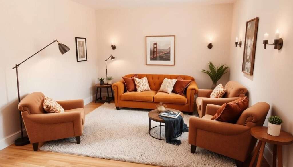 A cozy small living room with warm, inviting textures and a balanced layout. Soft beige walls provide a calming backdrop, while a plush, neutral-toned rug anchors the space. A tufted sofa in a rich, earthy tone takes center stage, flanked by a pair of overstuffed armchairs. Decorative throws and pillows in complementary patterns and hues add depth and visual interest. Subtle lighting from a sleek floor lamp and a pair of sconces creates a relaxing ambiance, while a low coffee table and a small, wooden side table offer functional storage and display. The arrangement invites visitors to sink in and unwind, embracing the comforts of a well-designed, intimate living area.