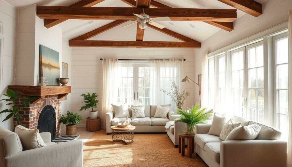 A cozy, soft-white shiplap living room with natural light streaming through large windows. Plush, neutral-toned furnishings, including a deep-seated sofa and armchair, create an inviting, cottage-inspired ambiance. Rustic wood beams and an exposed brick fireplace add warmth and texture to the space. Delicate sheer curtains gently billow, diffusing the light. Lush potted plants and natural fibers, such as a woven area rug, introduce organic elements. The overall mood is serene, soothing, and exudes a modern farmhouse aesthetic.
