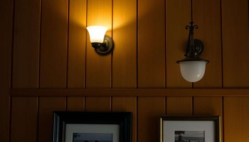 A cozy, softly-lit living room setting featuring a pair of elegant wall sconces mounted on a warm, wooden-paneled wall. The sconces have vintage-inspired designs with ornate metalwork and frosted glass shades that emit a gentle, ambient glow. The lighting creates a tranquil, inviting atmosphere, perfectly complementing the framed artwork or photographs displayed below. Subtle shadows from the sconces add depth and texture to the scene. The overall composition conveys a sense of relaxation and comfort, capturing the essence of a cozy, well-lit living space.