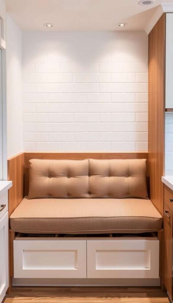 A cozy, space-efficient kitchen banquette with a hidden compartment storage system. The banquette is made of warm, natural wood with a plush, tufted cushion in a neutral tone. The middle section of the banquette lifts up to reveal hidden storage compartments for cookbooks, utensils, and other kitchen essentials. Soft, indirect lighting from recessed fixtures casts a gentle glow, creating a welcoming and functional seating area. The banquette is positioned against a clean, white subway tile backsplash, complementing the modern aesthetic. Framed by sleek, minimalist cabinetry and countertops, this space-saving design solution seamlessly integrates storage and dining in a small kitchen layout.