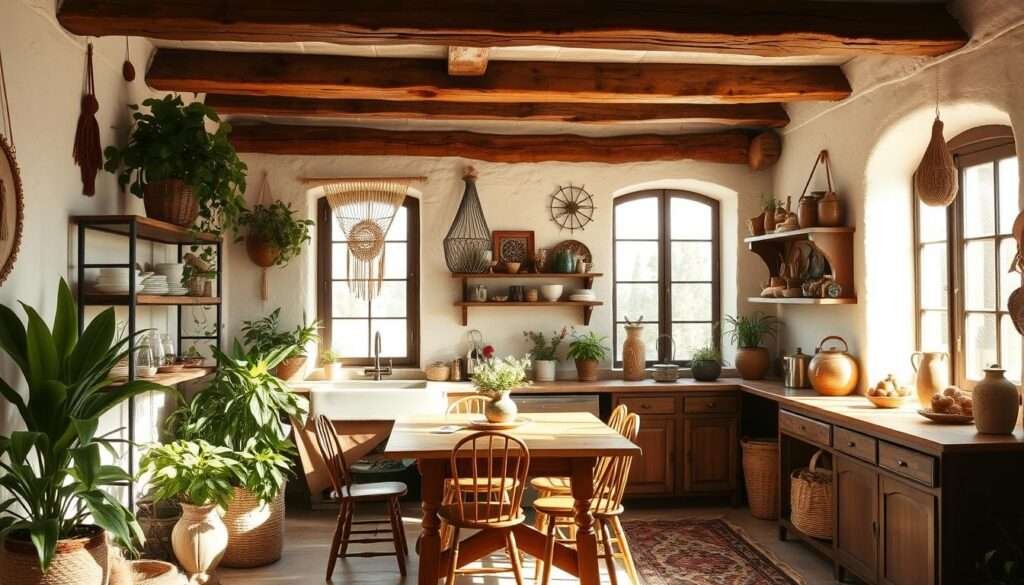 A cozy, sun-dappled boho kitchen with rustic wooden beams, textured plaster walls, and a mix of vintage and handcrafted furnishings. Lush potted plants and macrame wall hangings add a warm, lived-in vibe. Soft, diffused lighting from a large window illuminates a charming dining nook with a wooden table and mismatched chairs. Shelves display an eclectic collection of ceramics, copper cookware, and woven baskets. The overall atmosphere is one of relaxed, bohemian elegance - a space that invites you to linger, sip a cup of tea, and savor the simple pleasures of life.