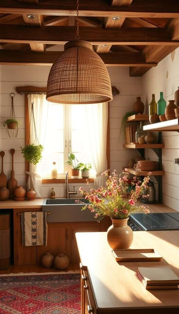 A cozy, sun-dappled kitchen with rustic wooden beams, shiplap walls, and a vintage-inspired tile backsplash. In the foreground, an eclectic mix of boho-chic decor - a woven rattan pendant light, hanging plants, and a colorful patterned area rug. Warm, soft lighting filters through lace curtains, casting a golden glow. On the countertop, a collection of earthenware, copper pots, and a handcrafted ceramic vase brimming with wildflowers. Shelves display a curated assortment of weathered books, terracotta pots, and decorative glass bottles. The overall aesthetic is a harmonious blend of natural textures, global influences, and lived-in charm.