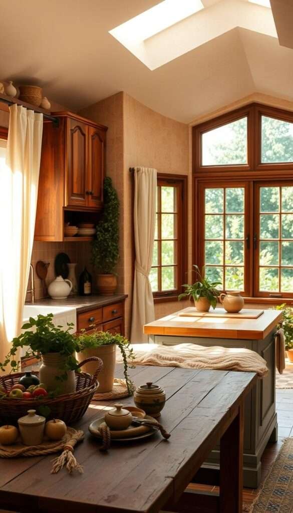 A cozy, sun-drenched bohemian kitchen with rustic wooden cabinets, earthy tile backsplash, and sheer linen curtains that gently billow in the breeze. In the foreground, a worn farmhouse table is adorned with an eclectic mix of vintage ceramics, trailing plants, and a woven basket overflowing with fresh produce. Warm ambient lighting casts a golden glow, highlighting the textured walls and natural fibers that create a comforting, lived-in atmosphere. The middle ground features a colorful mosaic-tiled island with a butcher block countertop, while the background showcases large windows overlooking a lush, overgrown garden. An inviting, harmonious space that blends bohemian flair with timeless, rustic charm.