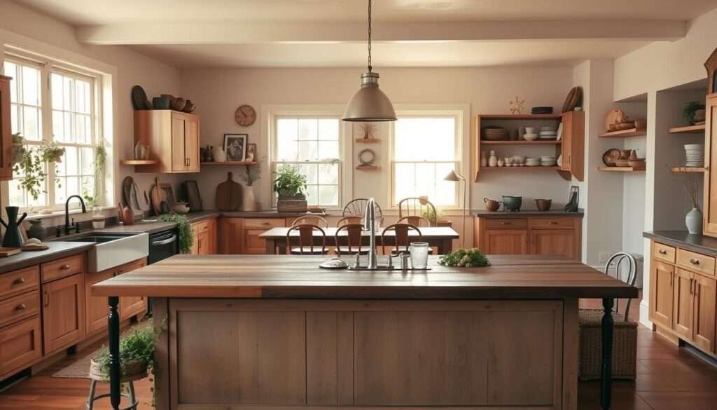 A cozy, sun-drenched boho farmhouse kitchen with a warm, inviting atmosphere. In the foreground, a spacious central island with a rustic wood top and iron accents, providing ample seating and storage. Surrounding it, a mix of natural wood cabinets, woven baskets, and trailing plants create a layered, textural display. In the middle ground, a vintage farmhouse table with mismatched chairs, creating a casual dining area. Large windows flood the space with soft, diffused natural light, casting a golden glow. In the background, open shelving showcases an eclectic collection of ceramics, cookbooks, and decor pieces, reflecting the homeowner's personal style. The overall scene feels harmonious, lived-in, and reflective of a boho-inspired, farmhouse aesthetic.