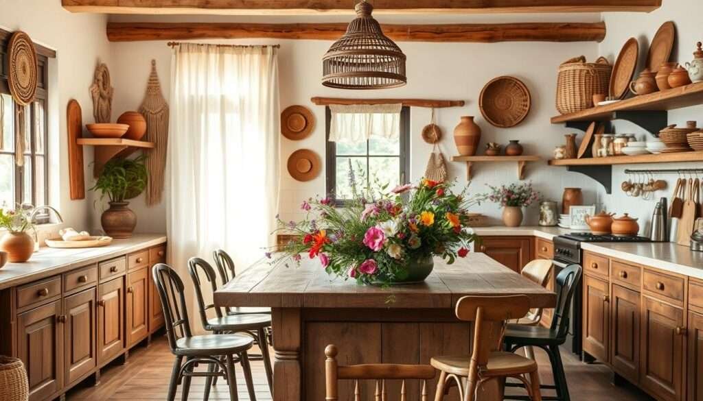A cozy, sun-drenched boho kitchen in a rustic farmhouse. Soft light filters through sheer linen curtains, casting a warm glow on the eclectic mix of textures and patterns. Macrame wall hangings, woven baskets, and terracotta pots adorn the shelves, while a weathered wooden dining table is surrounded by mismatched vintage chairs. A central island showcases a vibrant bouquet of fresh wildflowers, adding a touch of organic elegance. Brass hardware gleams against the backdrop of earthy toned cabinets and natural stone countertops. The overall atmosphere is one of laid-back, bohemian charm and effortless sophistication.