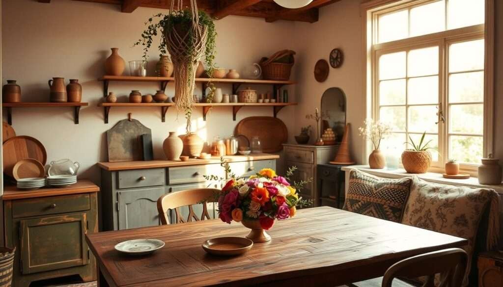 A cozy, sun-drenched boho kitchen on a budget, with a mix of natural textures and bohemian flair. In the foreground, a rustic wooden table is adorned with a vibrant floral centerpiece and mismatched vintage plates. Hanging from the ceiling, a macrame plant holder cascades with trailing vines. The middle ground features a mix of thrifted cabinets and shelves, their weathered surfaces complemented by earthy ceramic vases and woven baskets. In the background, a large window floods the space with warm, golden light, casting a serene glow over the eclectic yet harmonious decor. Eclectic textiles, like a patterned area rug and plush, tasseled throw pillows, add cozy, lived-in charm. This budget-friendly boho kitchen exudes a sense of timeless, effortless style.