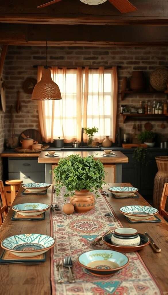 A cozy, sun-drenched boho kitchen with a rustic, lived-in feel. In the foreground, a wooden dining table is adorned with a vibrant, patterned tablecloth, mismatched ceramic plates, and a lush, cascading plant centerpiece. The middle ground features a farmhouse-style kitchen counter, its surface cluttered with clay pots, copper cookware, and an array of spices and herbs. In the background, a mix of natural textures - exposed brick walls, wooden beams, and woven baskets - create a warm, inviting atmosphere. Soft, diffused lighting filters through sheer curtains, casting a gentle glow over the space. The overall mood is one of relaxed, effortless style, where the kitchen is a canvas for personal expression and a celebration of the free-spirited, layered boho aesthetic.