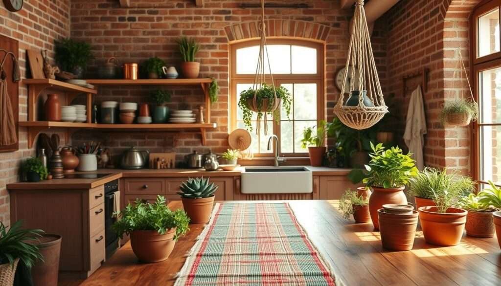 A cozy, sun-drenched boho kitchen with a warm, inviting atmosphere. In the foreground, a wooden farmhouse table is adorned with a colorful woven runner, terracotta pots, and an abundance of lush greenery. The middle ground features an open wooden shelving unit displaying an eclectic mix of ceramic dishware, copper pots, and rustic accents. In the background, a large window floods the space with natural light, casting a soft glow on the exposed brick walls and a macrame plant hanger swaying gently. The overall color palette features earthy tones of ochre, sage, and terracotta, complemented by pops of vibrant textiles and natural wood tones. A sense of harmony and tranquility permeates the scene, creating an inviting, bohemian-inspired kitchen atmosphere.
