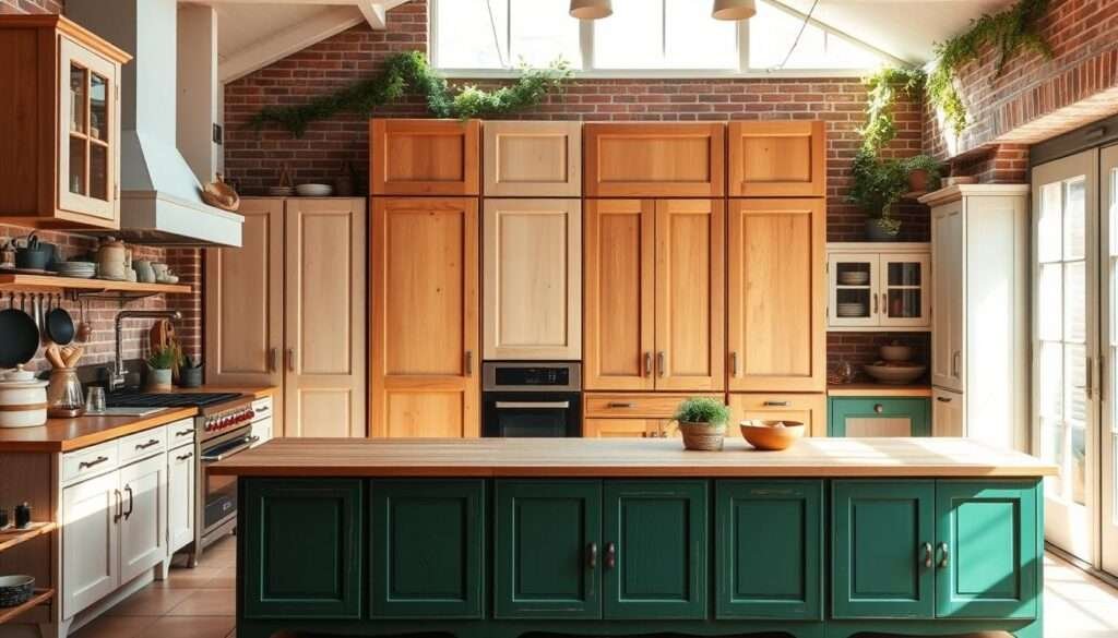 A cozy, sun-drenched boho kitchen with an assortment of mismatched vintage-inspired cabinets in various natural wood tones and painted colors. The foreground features a row of low, wide cabinets in a deep emerald green, with a slight distressed finish that adds character. In the middle ground, a mix of taller cabinet units in pale oak, honey-toned maple, and a soft sage green hue create an eclectic, collected look. Soft, diffused lighting from a large window casts a warm glow, while the background showcases exposed brick walls and a touch of trailing greenery for a lush, rustic ambiance.