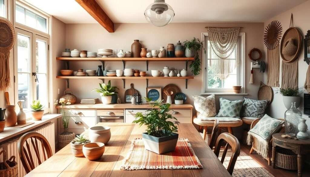 A cozy, sun-drenched boho kitchen with an eclectic mix of textures and colors. In the foreground, a wooden table is adorned with a vibrant woven runner, potted plants, and a collection of earthenware. Midground features open shelving displaying an array of ceramic bowls, vases, and vintage-inspired glassware. The background showcases large windows allowing natural light to flood the space, accentuating the warm, neutral-toned walls and a textured jute rug. Layered textile accents like macrame wall hangings and patterned throw pillows add depth and a playful, lived-in feel. Overall, the scene conveys a relaxed, inviting atmosphere perfect for a renter-friendly boho kitchen makeover.