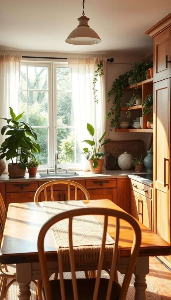 A cozy, sun-drenched boho kitchen with natural wood cabinetry, rattan accents, and lush potted plants cascading from open shelves. In the foreground, a vintage-inspired dining table with mismatched chairs and a woven runner. Midground features a large picture window framing a verdant outdoor view. Soft, warm lighting filters through sheer linen curtains, creating a serene, inviting atmosphere. Hues of terracotta, ochre, and sage green infuse the space with an earthy, harmonious palette. The overall composition evokes a sense of tranquility and effortless, bohemian style.