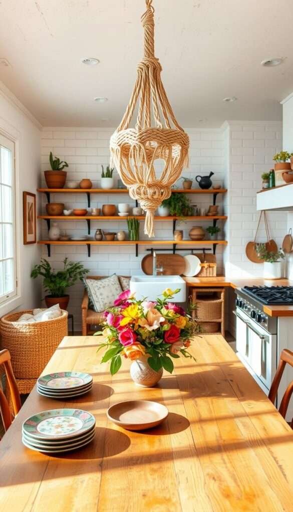 A cozy, sun-drenched boho kitchen with rustic wood accents and bohemian textiles. In the foreground, a farmhouse-style table is adorned with a vibrant floral centerpiece and mismatched vintage plates. Hanging from the ceiling, a chic macrame light fixture casts a warm, ambient glow. The middle ground features a mix of open shelving displaying eclectic ceramics and plants, as well as a small breakfast nook with a rattan bench and throw pillows. The background showcases white subway tile walls, a classic farmhouse sink, and a vintage-inspired stove. The overall mood is relaxed, inviting, and budget-friendly, reflecting the boho aesthetic.