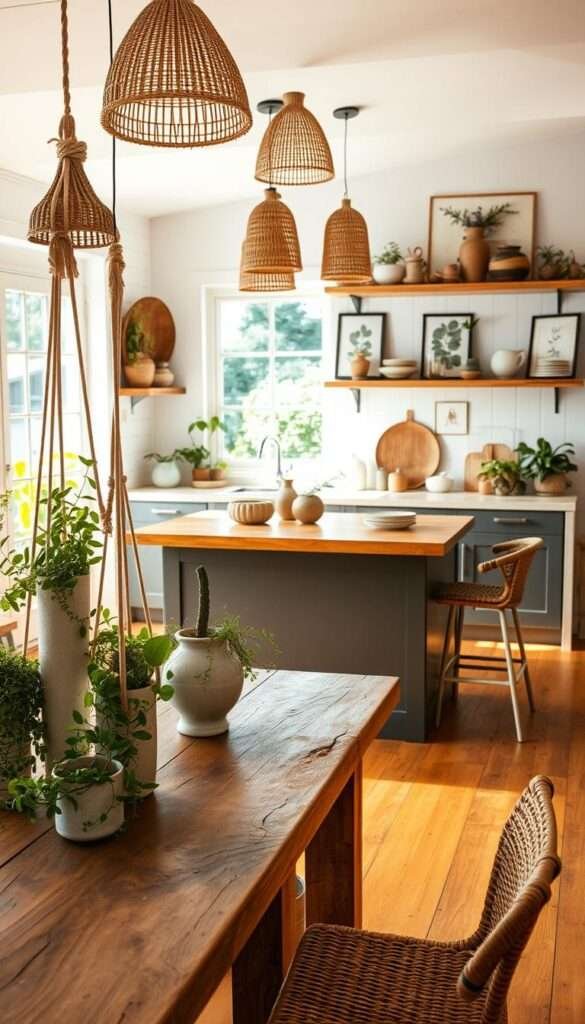 A cozy, sun-drenched boho kitchen with warm, earthy tones. In the foreground, a rustic wood table adorned with macrame plant holders, natural fiber baskets, and handcrafted ceramic vases filled with lush, trailing greenery. Midground features a sleek, minimalist kitchen island with a butcher block top, flanked by rattan bar stools. The background showcases an eclectic mix of floating shelves displaying an array of vintage-inspired kitchenware, artisanal pottery, and framed botanical prints. The space is illuminated by a cluster of pendant lights with rattan shades, casting a soft, ambient glow. Warm hardwood floors, whitewashed walls, and a large window overlooking a lush, verdant garden complete the cozy, inviting atmosphere of this DIY boho kitchen oasis.