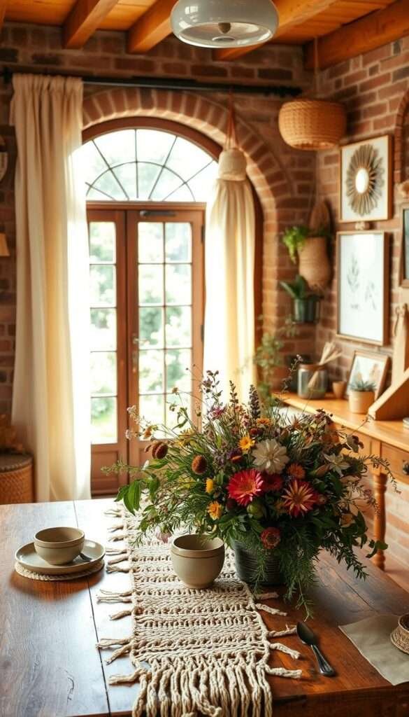 A cozy, sun-drenched boho kitchen with warm, earthy tones. In the foreground, a rustic wooden table is set with a handwoven macrame runner, vintage ceramic dinnerware, and a lush, overflowing bouquet of wildflowers. Mid-ground features a large, arched window with sheer, billowing curtains, offering a glimpse of a lush, green garden outside. The background showcases exposed brick walls adorned with macrame wall hangings, woven baskets, and an eclectic mix of framed botanical prints. Soft, diffused natural lighting filters through the space, creating a serene, inviting ambiance.