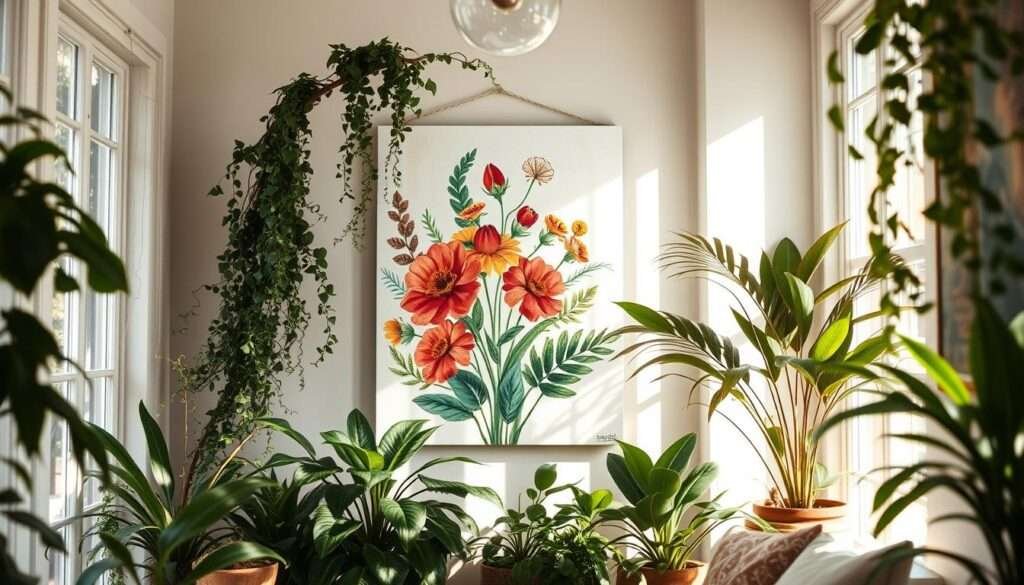 A cozy, sun-drenched corner showcases a vibrant focal point of botanical art, accentuated by a lush array of houseplants. Cascading vines and delicate fronds frame a striking, abstract floral canvas that takes center stage, its bold, expressive brushstrokes emanating a sense of bohemian flair. Soft, diffused lighting filters through large windows, casting a warm, natural glow over the space and highlighting the organic textures of the plants. The composition strikes a harmonious balance between the artwork's artistic elegance and the surrounding greenery's earthy, soothing presence, creating a captivating visual centerpiece that embodies the modern boho aesthetic.