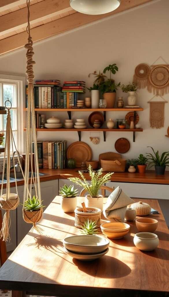 A cozy, sun-drenched kitchen with a rustic, boho-inspired aesthetic. In the foreground, a large wooden table is adorned with an array of macrame plant holders, natural fiber baskets, and handcrafted ceramic dishware. Sunlight streams in through large windows, casting a warm glow on the space. The middle ground features a mix of open shelving displaying an eclectic collection of cookbooks, vintage glassware, and potted succulents. In the background, a subtle pattern of woven textiles and natural fiber wall hangings adds depth and texture to the scene. The overall mood is one of relaxed, organic comfort, inviting the viewer to linger and embrace the DIY boho spirit.