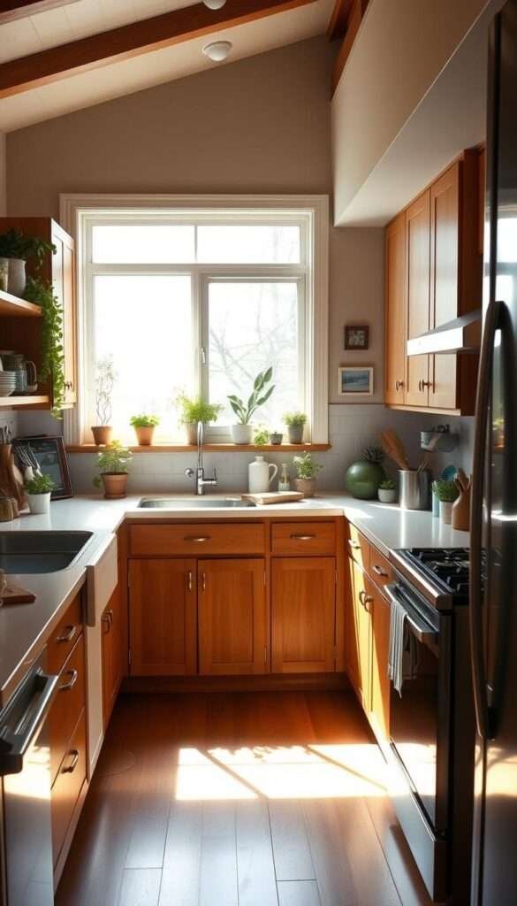 A cozy, sun-drenched kitchen with ample countertops and sleek cabinetry, transforming a once cramped and cluttered space into a functional oasis. Warm wooden accents and modern appliances create a harmonious balance, while a large window floods the room with natural light. Potted herbs and fresh produce adorn the countertops, adding pops of vibrant color. The room exudes a sense of openness and tranquility, a stark contrast to the previous claustrophobic layout. A carefully curated arrangement of cooking tools and utensils showcases the owner's culinary passion and creativity, now free to flourish in this inviting and organized kitchen sanctuary.