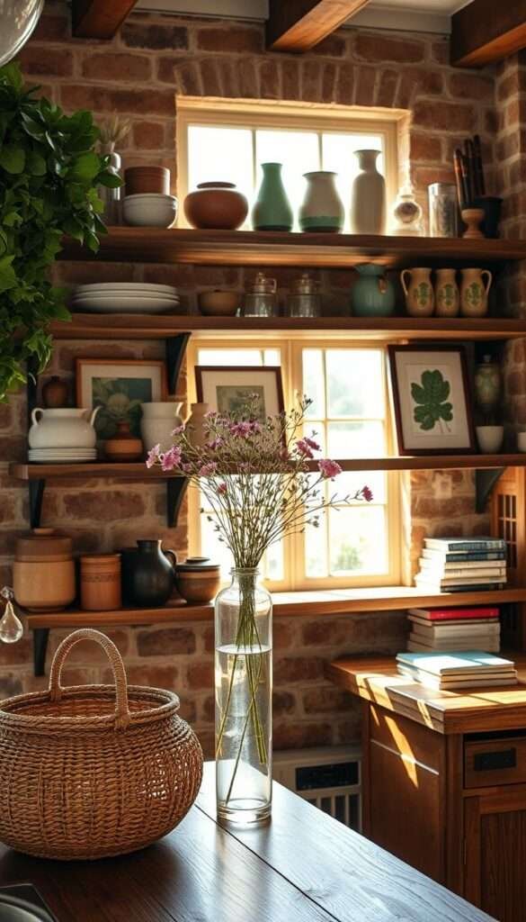 A cozy, sun-drenched kitchen with boho-inspired open shelving. Reclaimed wood shelves hold an eclectic mix of earthenware, handmade ceramics, and lush greenery. Filtered natural light streams in through large windows, casting a warm, golden glow. In the foreground, a woven basket and a vintage glass vase filled with wildflowers add pops of color and texture. On the middle shelves, decorative vases, framed botanical prints, and a stack of well-worn cookbooks create a lived-in, homey ambiance. The background features exposed brick walls and a rustic, reclaimed wood countertop, completing the farmhouse-chic aesthetic. The overall mood is one of relaxed, bohemian charm.