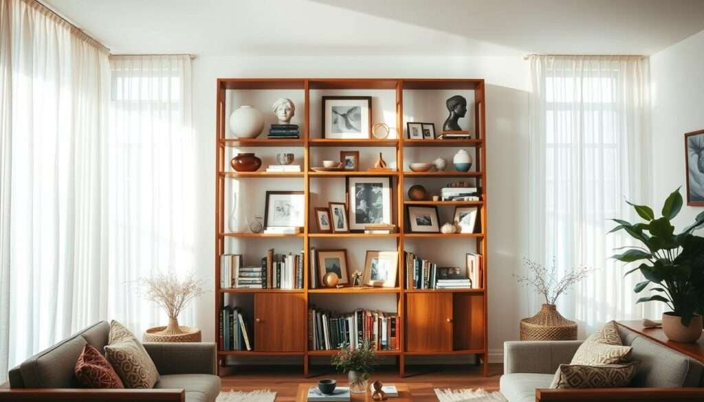 A cozy, sun-drenched living room with a mid-century modern bookshelf showcasing an intentionally curated collection. The bookshelf stands as the focal point, its sleek wooden frame complementing the surrounding decor. Assorted decorative objects, framed artwork, and an array of well-worn books create visual interest and a sense of lived-in charm. Soft, diffused lighting filters through sheer curtains, casting a warm glow over the scene. The overall atmosphere is one of refined simplicity, inviting the viewer to linger and appreciate the thoughtful arrangement of the display.