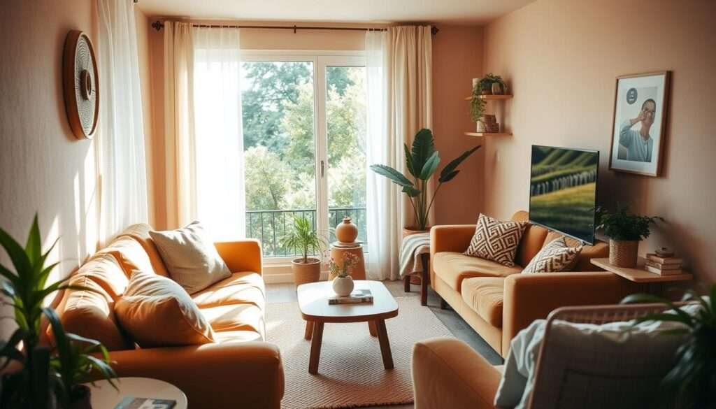 A cozy, sun-drenched living room with warm, earthy tones and natural textures. The space is compact but feels open and airy, with a large window overlooking a lush outdoor scene. Plush, overstuffed furniture in muted shades of ochre and sage create an inviting seating area, complemented by a textured area rug and a low, wooden coffee table. Soft lighting filters through sheer curtains, casting a gentle glow and accentuating the room's natural charm. Potted plants and natural wood accents add organic elements, while a few thoughtfully placed decorative pieces lend a touch of personality. The overall atmosphere is one of comfort, tranquility, and a sense of spaciousness that belies the room's modest dimensions.