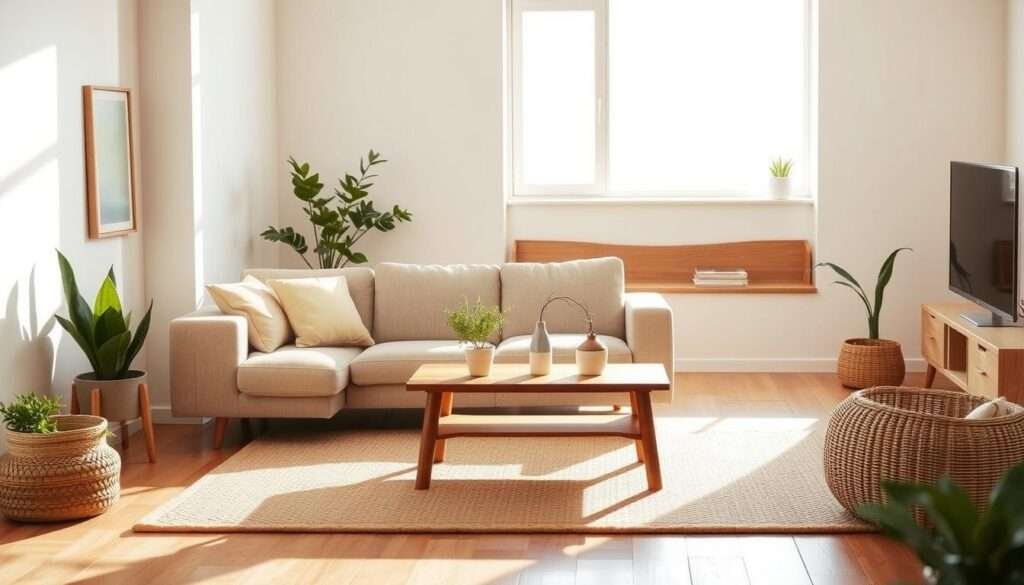 A cozy, sun-drenched minimalist living room with natural wood accents and earthy tones. In the foreground, a plush, neutral-colored sofa sits atop a woven area rug, with a small wooden coffee table in front. Tasteful potted plants and a few carefully curated decorative pieces add subtle pops of color. The middle ground features a large window that floods the space with warm, diffused light, casting soft shadows. In the background, simple white walls provide a clean, uncluttered backdrop, complemented by a wooden bench or shelving unit displaying a few books and trinkets. An overall sense of serenity and balance pervades the scene, creating an inviting and budget-friendly oasis.