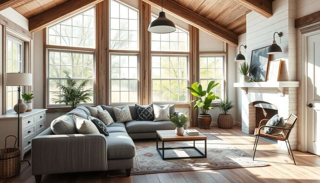 A cozy, sun-drenched modern farmhouse living room with rustic charm. A plush gray sectional sofa nestled beneath large windows, letting natural light flood the space. Weathered wood beams and warm neutral tones create an inviting ambiance. Accents of greenery and a vintage area rug add layers of texture. A whitewashed fireplace mantel displays artful decor, while pendant lighting casts a soft glow overhead. The scene exudes a harmonious blend of contemporary and timeless farmhouse styles, embodying the perfect balance of comfort and sophistication.