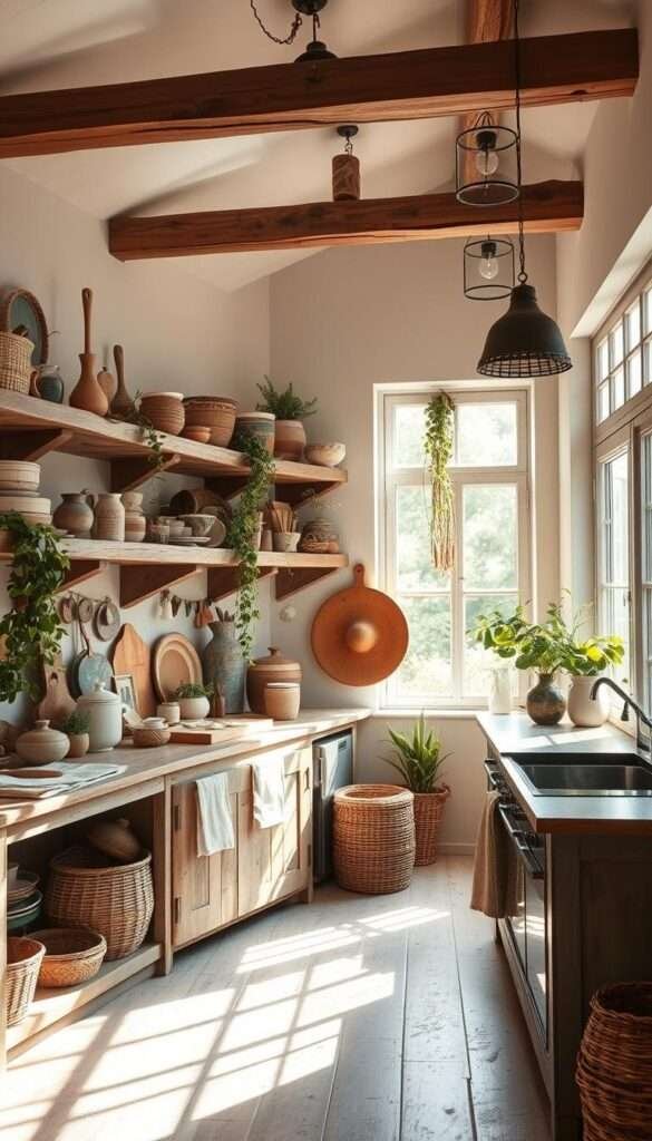 A cozy, sun-filled kitchen with rustic open shelving adorned with an eclectic array of boho-inspired décor. Weathered wooden shelves line the walls, showcasing a curated collection of earthenware, woven baskets, trailing plants, and artisanal ceramics. Soft, diffused natural light filters in through large windows, casting a warm, inviting glow across the space. The overall aesthetic is a harmonious blend of organic textures, muted tones, and soothing ambiance, creating a serene and welcoming boho-chic atmosphere.