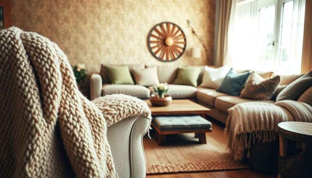 A cozy, textured living room in warm, natural lighting. The foreground features a soft, plush throw blanket in a neutral palette, invitingly draped over a comfortable armchair. The middle ground showcases a variety of textures, including a woven rug with intricate patterns, a wooden coffee table with a weathered finish, and decorative throw pillows in complementary fabrics. In the background, the walls are adorned with a subtle, earthy-toned wallpaper that adds depth and character to the space. The overall atmosphere is one of warmth, comfort, and a tactile, lived-in feeling, creating a sanctuary for relaxation and contemplation.