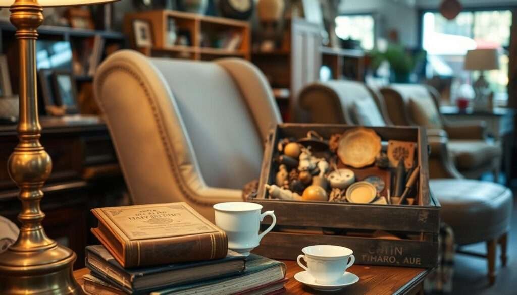 A cozy thrift store vignette, bathed in warm, soft lighting from a vintage floor lamp. In the foreground, an eclectic mix of secondhand finds - a tarnished brass candlestick, a well-worn leather-bound book, and a delicate porcelain teacup. The midground features a rustic wooden crate displaying an array of unique trinkets and found objects, each with its own story. In the background, glimpses of other thrifted treasures, such as a weathered armchair and a repurposed side table, create a layered, inviting atmosphere. The overall mood is one of effortless, sustainable style - a harmonious blend of the old and the new, ready to be incorporated into a cozy, personalized living space.
