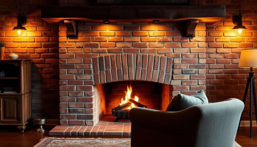 A cozy, traditional brick fireplace with a rustic, reclaimed wood mantel. The bricks are a mix of warm red and aged, weathered tones, arranged in a classic running bond pattern. Soft, ambient lighting from above casts a gentle glow, highlighting the textural details of the brickwork. The mantel features distressed, knotted wood beams that add a touch of rustic charm. In the foreground, a plush rug and cozy armchair create an inviting, intimate seating area. The background is a softly blurred living room setting, emphasizing the fireplace as the focal point. An atmosphere of comfort and timeless elegance pervades the scene.