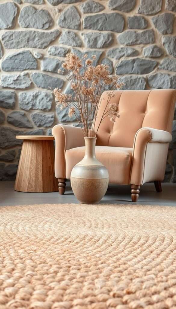A cozy vignette showcasing the natural textures and muted hues of a serene space. In the foreground, a woven jute rug anchors the composition, its earthy tones complemented by the soft, nubby surface. Behind it, a plush velvet armchair in a neutral tone invites relaxation, its rich fabric contrasting with the weathered wooden side table. In the middle ground, a handcrafted ceramic vase holds wispy, dried floral stems, their muted tones blending seamlessly with the overall palette. The background features a textured stone wall, its cool grays and subtle patterns adding depth and visual interest. Soft, diffused lighting casts a warm, inviting glow throughout the scene, evoking a sense of calm and serenity.