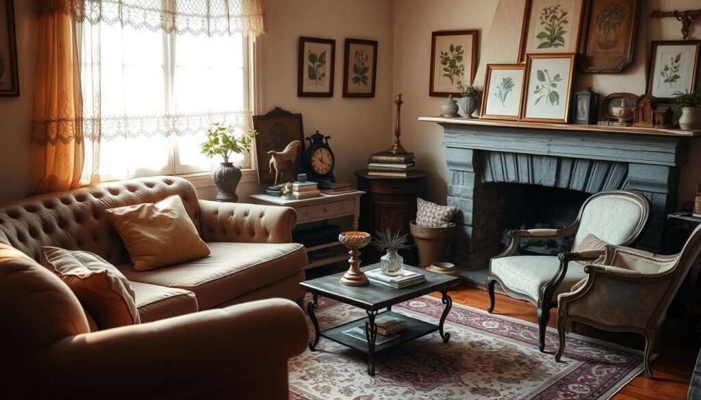 A cozy, vintage living room vignette with a worn, tufted velvet sofa, a curated collection of antique trinkets and books on a distressed wooden side table, and a pair of faded armchairs gathered around a Persian rug. Soft, golden lighting filters through a lace-draped window, casting a warm, nostalgic glow. Framed botanical prints and a weathered mantel shelf add layers of rustic, timeless charm. The overall scene exudes a sense of lived-in comfort and character, reflecting the charm of thrifted and vintage finds.