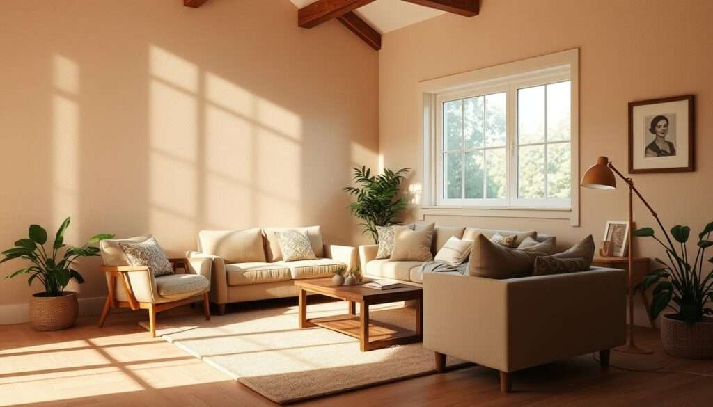 A cozy, warm-hued living room with a neutral paint color on the walls, creating a soothing, inviting atmosphere. The paint has a subtle hint of beige, lending a soft, natural tone that complements the room's furnishings. Soft, diffused lighting from a large window casts a gentle glow, highlighting the textured wall surface. The room is arranged with plush, earthy-toned seating, wooden accents, and lush greenery, embodying a harmonious, comforting aesthetic. The overall scene exudes a sense of comfort and relaxation, perfect for a welcoming living space.