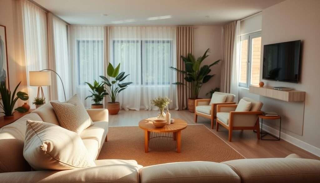 A cozy, warm-toned living room with neutral hues and natural textures. Soft, diffused lighting illuminates the space, creating a soothing ambiance. In the foreground, a plush, beige sofa with throw pillows invites relaxation. Midground features a woven area rug, a wooden coffee table, and a pair of matching armchairs. The background showcases large windows framed by sheer curtains, allowing natural light to filter in. Potted plants and a few carefully curated accessories add subtle pops of greenery and warmth, complementing the overall minimalist aesthetic. The composition is balanced, with clean lines and a harmonious flow, avoiding an overly stark or clinical appearance.