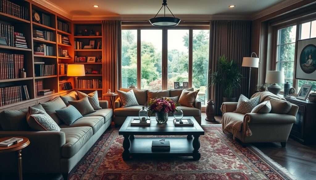 A cozy, well-appointed living room with a plush sectional sofa, an oversized armchair, and a large, decorative area rug. Warm lighting from a pair of floor lamps and a stylish pendant fixture casts a soft glow, creating a inviting atmosphere. Bookshelves line the walls, filled with leather-bound volumes, decorative objects, and family photos. A large window overlooking a lush, verdant garden provides a serene view and ample natural light. Tasteful throw pillows, a handwoven blanket, and a wooden coffee table with fresh flowers complete the tranquil scene, embodying the essence of a comfortable, lived-in space.