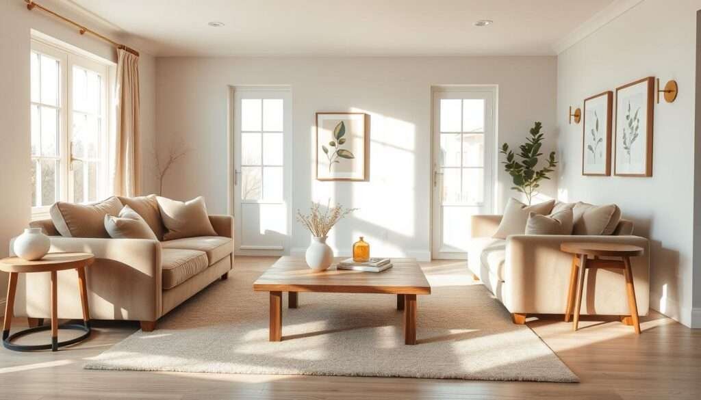 A cozy, well-balanced modern living room in soothing greige tones. Plush velvet sofa and armchair in soft taupe, accented by warm beige throw pillows and a textured rug. Sunlight streams through large windows, casting a golden glow on the space. Minimalist wooden coffee table and side tables in natural oak. Decorative elements like ceramic vases and botanical prints create a harmonious, tranquil atmosphere. Subtle wall sconces provide gentle illumination. The overall aesthetic is one of understated elegance and quiet sophistication.