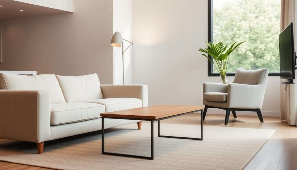 A cozy, well-designed living room with comfortable and functional furniture. In the foreground, a plush, inviting sofa with clean, minimal lines and soft, neutral upholstery. Placed strategically in front of it, a low, sleek coffee table with a wooden top and metal frame. Nearby, a sturdy, ergonomic armchair in a complementary fabric, perfect for reading or relaxing. The middle ground features a floor lamp with a simple, modern silhouette, providing soft, warm lighting. In the background, a large window allows natural light to flood the space, highlighting the minimalist, yet practical layout. The overall atmosphere is one of understated elegance, where form and function seamlessly coexist.