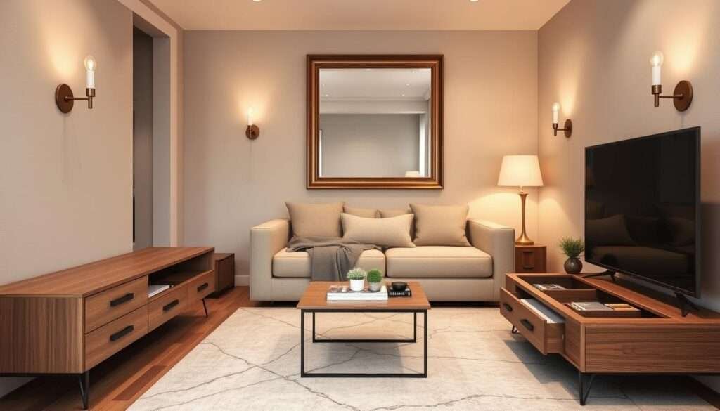 A cozy, well-designed small living room with seamless storage solutions. In the foreground, a low-profile, floating TV console with discreet drawers and shelves, accentuated by sleek, minimalist hardware. Beside it, a compact, multifunctional coffee table with built-in storage cubbies. The middle ground features a plush, neutral-toned sofa that doubles as a daybed, with hidden compartments underneath for extra linens and throws. Elegant sconces mounted on the walls provide warm, ambient lighting, while a large, framed mirror on the back wall creates an illusion of depth and openness. The overall atmosphere is one of intentional, visually-harmonious design that optimizes every inch of the limited space.