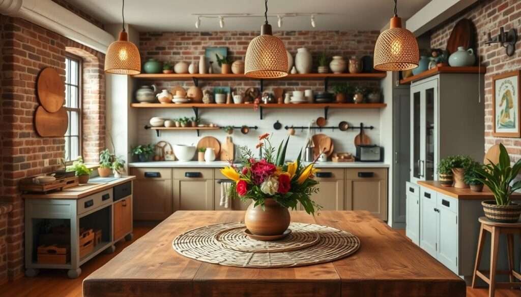 A cozy, well-lit boho kitchen featuring a mix of rustic and eclectic elements. In the foreground, a farmhouse-style wooden table is adorned with a woven placemat, ceramic bowls, and a vibrant floral centerpiece. Shelves on the back wall display a collection of mismatched pottery, plants, and vintage-inspired decor. Pendant lights with woven shades cast a warm glow, complementing the exposed brick walls and hardwood floors. In the middle ground, a small kitchen island with a butcher block top serves as a functional and stylish focal point. The overall atmosphere is inviting, lived-in, and budget-friendly, reflecting the perfect blend of rustic and bohemian aesthetics.