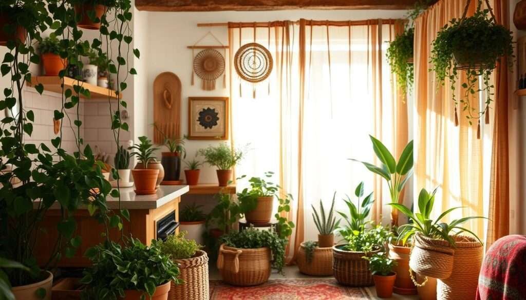 A cozy, well-lit boho kitchen with a mix of lush potted plants and vibrant textiles. The foreground features a collection of terracotta pots, trailing vines, and woven baskets overflowing with greenery. In the middle ground, a plush bohemian-inspired rug and a series of framed abstract wall hangings create a warm, inviting ambiance. The background showcases sheer curtains in earthy tones, allowing natural light to filter in and cast a soft, diffused glow throughout the space. The overall composition conveys a serene, harmonious blend of nature, texture, and artful expression.