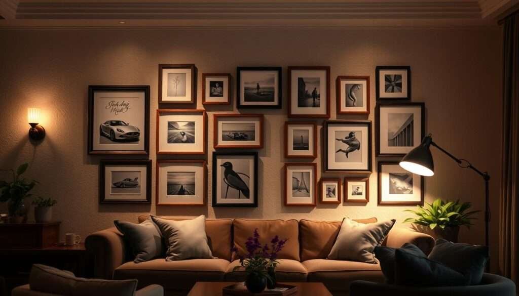 A cozy, well-lit gallery wall in a warm, inviting living room. A collection of framed art and photography in a variety of sizes and styles, arranged asymmetrically on a neutral-toned wall. Wooden or metallic frames in muted tones complement the textured wall surface. Soft, diffused lighting from wall sconces or floor lamps casts a gentle glow, creating a comfortable, personal ambiance. Hints of greenery, such as potted plants or fresh flowers, add pops of color and life. The overall composition feels balanced, with enough negative space to allow each piece to stand out and tell its own story, reflecting the homeowner's unique taste and personality.