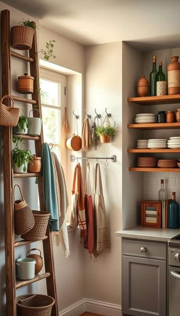 A cozy, well-lit kitchen nook, showcasing an eclectic mix of storage solutions. In the foreground, a rustic wooden ladder leans against the wall, its steps adorned with woven baskets, ceramic jars, and hanging plants. Midground, a row of sleek metal hooks supports an array of colorful kitchen towels, aprons, and utensils. The background features a set of open shelves, displaying an artful arrangement of earthenware dishes, cookbooks, and decorative glass bottles. Soft natural light filters in through a nearby window, casting a warm glow over the scene. The overall atmosphere is one of effortless style and functionality, perfectly complementing the boho-inspired kitchen decor.