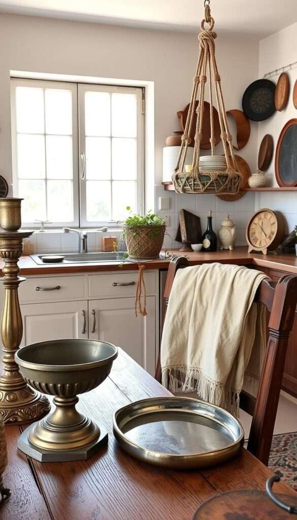 A cozy, well-lit kitchen showcasing a collection of vintage finds and global accents. In the foreground, an ornate brass candlestick, a weathered ceramic bowl, and a tarnished silver tray sit atop a rustic wooden table. The middle ground features a hanging woven macrame plant holder, a worn leather-bound book, and a hand-stitched linen tea towel draped over a weathered wooden chair. In the background, a large window fills the space with soft, natural light, highlighting the eclectic mix of textiles, ceramics, and natural materials that create a warm, lived-in atmosphere, reflecting the owner's personal style and worldly travels.