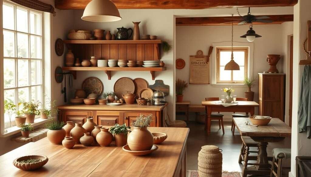 A cozy, well-lit kitchen with earthy tones and rustic accents. The foreground features a large kitchen island with a wooden countertop and a collection of earthenware pottery, potted herbs, and natural fiber baskets. In the middle ground, wooden cabinets and shelves display an eclectic mix of vintage-inspired ceramics, copper cookware, and textured linens. The background showcases a large window that floods the space with warm, diffused natural light, revealing an adjacent dining area with a wooden table and vintage-style chairs. The overall atmosphere is one of relaxed, bohemian charm, creating a welcoming and grounded ambiance.