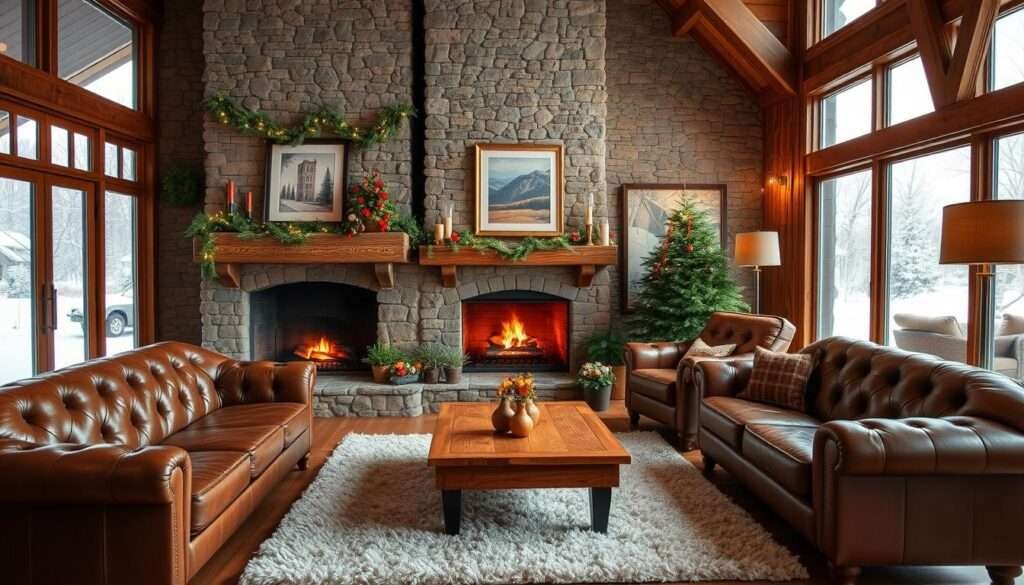 A cozy, well-lit living room with a large, rustic stone fireplace as the focal point. The fireplace features a warm, crackling fire and a mantel adorned with seasonal decor like evergreen garlands, twinkling fairy lights, and a framed piece of wall art. In the foreground, a plush, tufted leather sofa and a pair of matching armchairs are arranged in a semicircle around a low, wooden coffee table, inviting visitors to sink in and relax. The middle ground showcases a fluffy area rug, a floor lamp, and a few potted plants adding a touch of greenery. The background reveals large windows that flood the space with natural light and offer a glimpse of a snowy, winter landscape outside, creating a cozy, hygge-inspired atmosphere.