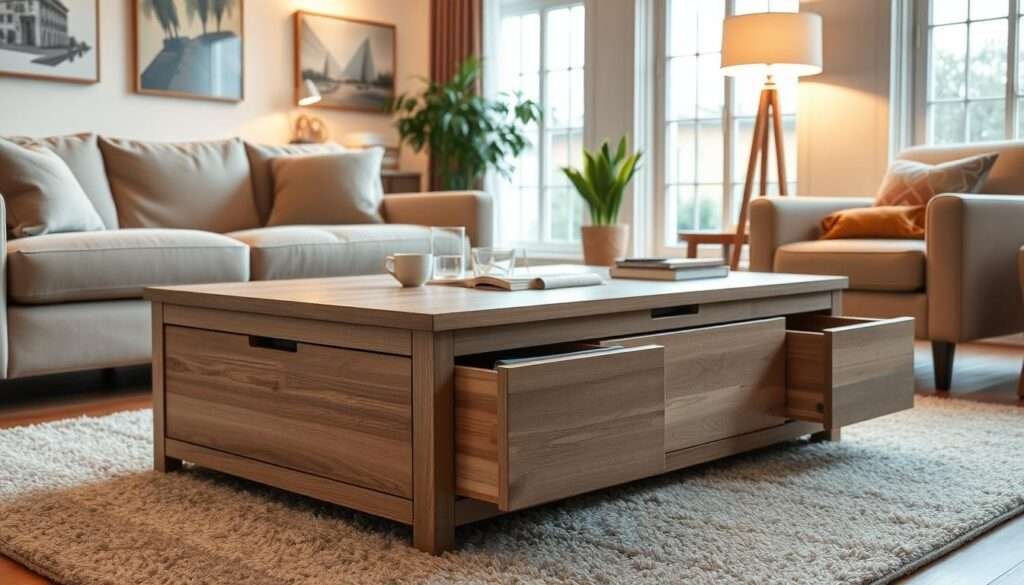 A cozy, well-lit living room with a modern, rectangular storage coffee table as the focal point. The table features a sleek wood grain surface with clean lines, complemented by a muted, neutral color palette. Drawers and hidden compartments line the sides, offering ample space to neatly stow away magazines, remotes, and other living room clutter. The table is positioned atop a plush, textured area rug, surrounded by a comfortable sofa and armchair. Warm, indirect lighting from a nearby floor lamp creates a inviting, relaxed ambiance, while large windows allow natural light to filter in, illuminating the tidy, organized space.