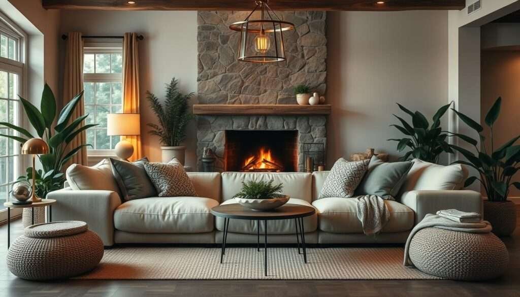 A cozy, well-lit living room with a plush, oversized sofa in a warm neutral color, surrounded by earthy textures and natural elements. A large, inviting fireplace in the background, casting a soft, flickering glow. Ambient lighting from brass table lamps and a statement pendant light, creating a soothing, intimate atmosphere. Pops of deep green foliage and natural wood accents, complemented by soft, woven textiles and plush area rugs. The composition has a balanced, harmonious flow, drawing the viewer's eye through the space, inviting them to settle in and relax.