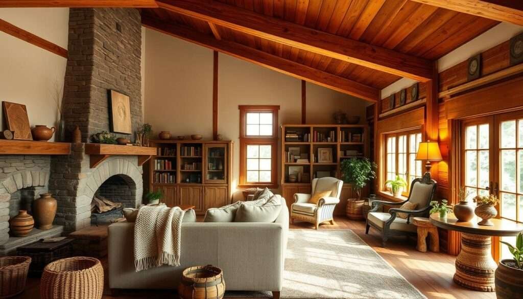 A cozy, well-lit living room with a traditional farmhouse aesthetic. The room features a large, plush sofa draped with a soft, woven blanket, facing a rustic stone fireplace. Wooden beams cross the high ceiling, casting warm, ambient light. In the corner, a cozy armchair sits next to a tall bookshelf filled with vintage tomes. The room is accented with natural textures like woven baskets, pottery, and weathered wooden side tables. Large windows let in ample natural light, illuminating the space with a soft, golden glow. Plush rugs and potted plants add to the inviting, lived-in atmosphere.