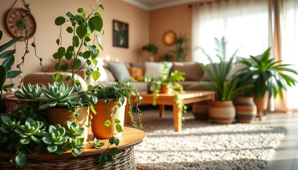 A cozy, well-lit living room with a wooden coffee table. In the foreground, a variety of lush green plants - potted succulents, trailing vines, and a tall leafy fern - are artfully arranged, casting soft shadows. The plants are complemented by natural textures like woven baskets and ceramic pots. In the middle ground, a plush, neutral-toned rug grounds the scene, while the background features warm, earthy tones of the walls and a subtle hint of natural light filtering through sheer curtains, creating a tranquil, inviting atmosphere.