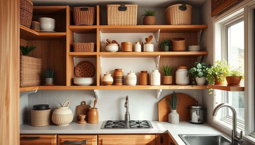 A cozy, well-organized kitchen with a focus on smart storage solutions that seamlessly blend form and function. Warm, natural wood shelves and cabinets with sleek, minimalist hardware are artfully arranged, creating a charming and cohesive boho-inspired aesthetic. Woven baskets, ceramic jars, and potted plants add texture and visual interest, doubling as both storage and decor. Soft, diffused lighting casts a gentle glow, accentuating the organic materials and creating a inviting, lived-in ambiance. The overall composition emphasizes efficient use of limited space, while maintaining a sense of style and personality.
